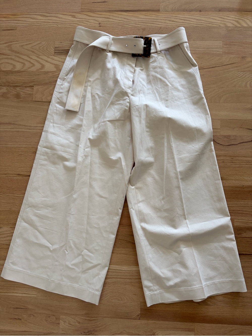 Lafayette 148 New York Cream Wide-Leg Chinos with Belt, size 10